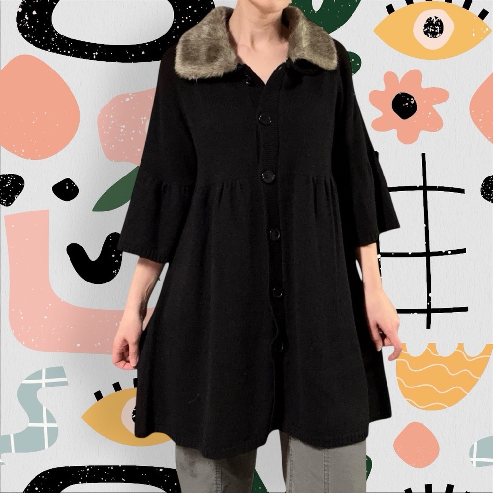 NWT✨ | Requirements | Y2K Black Knit Babydoll Cardigan with Faux Fur Collar